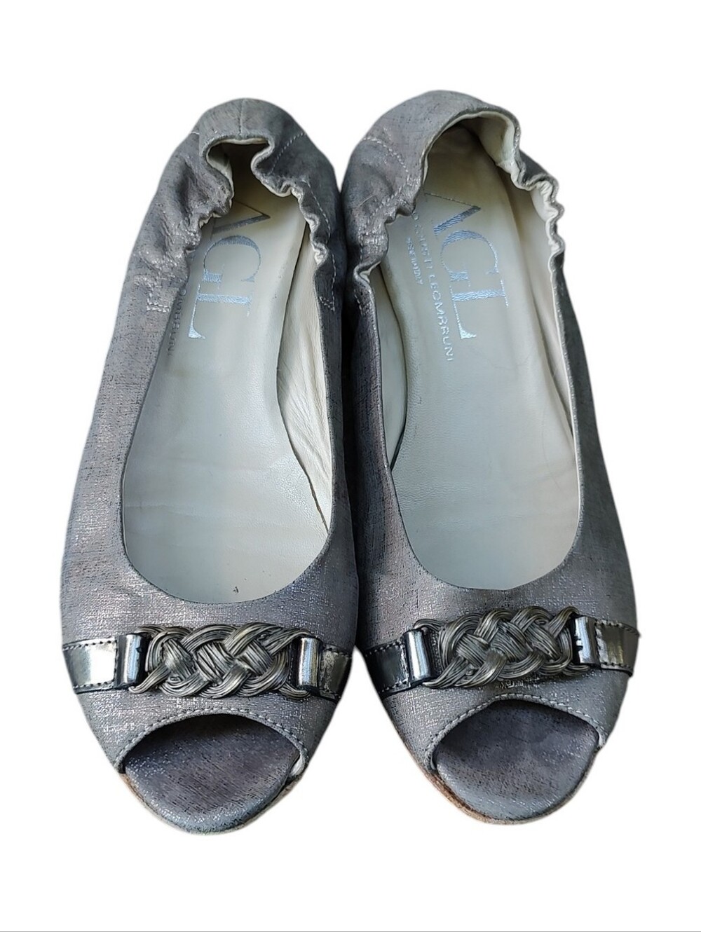 Attilio Giusti Leombruni Metallic Gray Braided Peep-Toe Flats